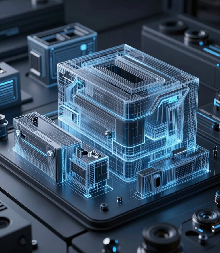 Orthographic 3D render of a complex user interface system with wireframe overlays, cool artificial blue key light, high-contrast shadows, sharp architectural lines.