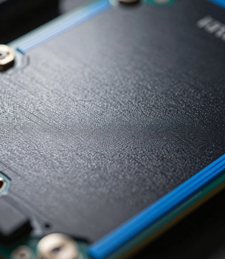 Extreme close-up of a digital texture on a high-end hardware component, cool artificial studio lighting, sharp directional key lights, high-contrast shadows, electric blue accents.