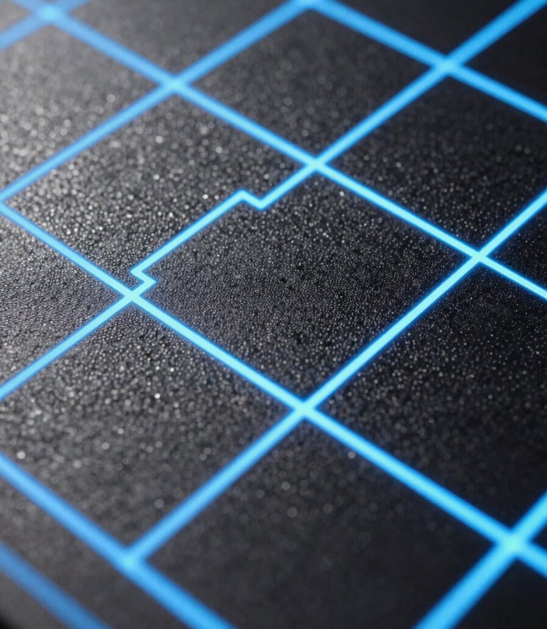 Extreme macro close-up of a digital texture grid with glowing electric blue coordinate lines, high-contrast shadows, sharp technical details, isometric perspective.