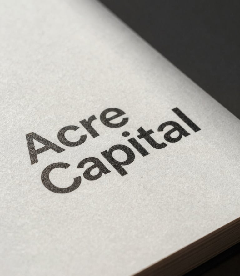 A close-up of a printed brand book for Acre Capital, showing clean typography on heavy textured paper, soft shadows, natural light