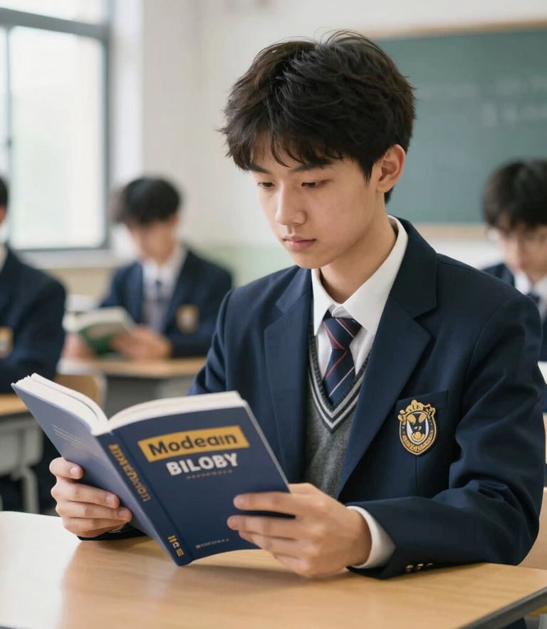 A focused high school student studying modern biology textbooks under clean indoor lighting, navy and gold accents, professional academic photography.