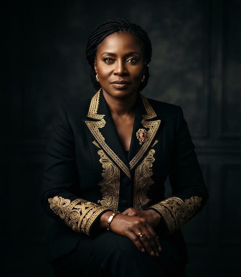Editorial portrait of an Equatorial Guinean female leader in a tailored black suit with gold accents, looking directly at the camera, dramatic low-key lighting, rich gold highlights, studio background