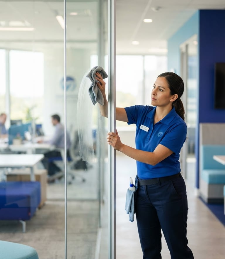 A professional cleaning technician in a crisp uniform meticulously wiping down a modern office glass partition, bright natural daylight, royal blue accents, sharp focus, 35mm.