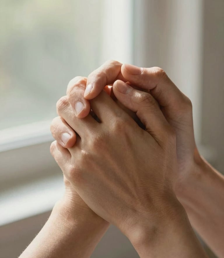Close-up of two hands clasped tightly in support, warm natural morning light filtering through a window, soft focus background, expressing deep clinical empathy and safety.