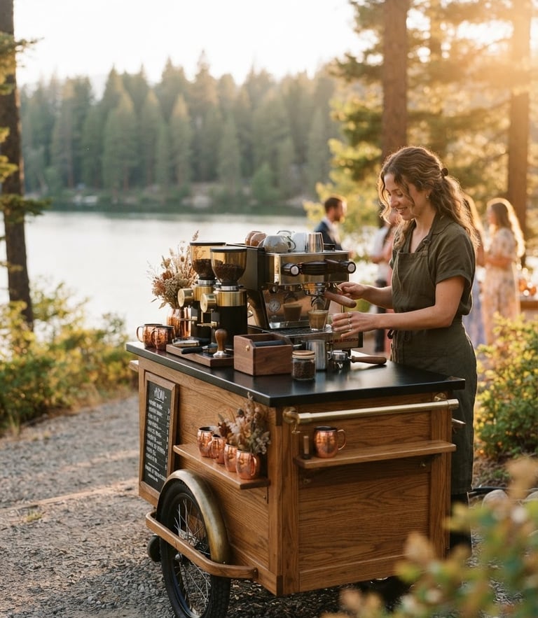 Warm editorial photograph of a custom wooden mobile espresso cart set up at an outdoor lakeside venue during golden hour, soft pine-green trees in the background, shallow depth of field, 35mm