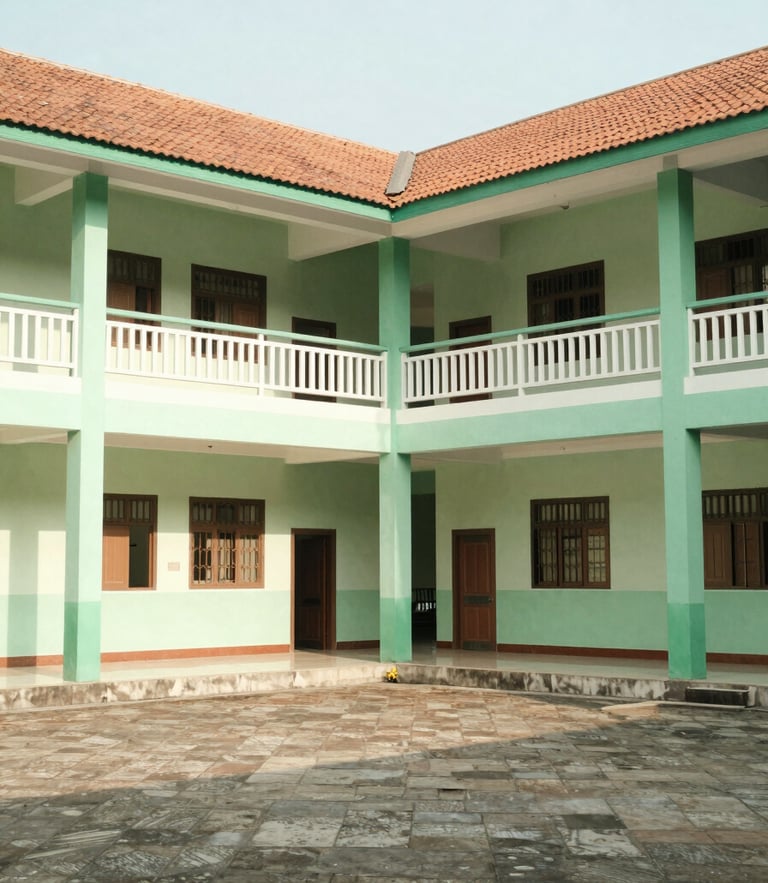Bright editorial photography of a modern Islamic school courtyard in Manggungan, natural morning daylight, clean green and warm white tones, candid, 35mm lens