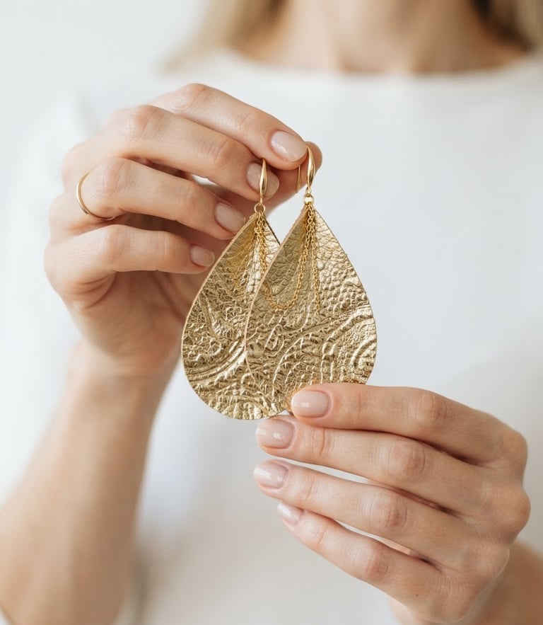 Close-up of elegant hands holding a pair of large, gold-textured leather earrings, bright natural daylight, minimalist white background