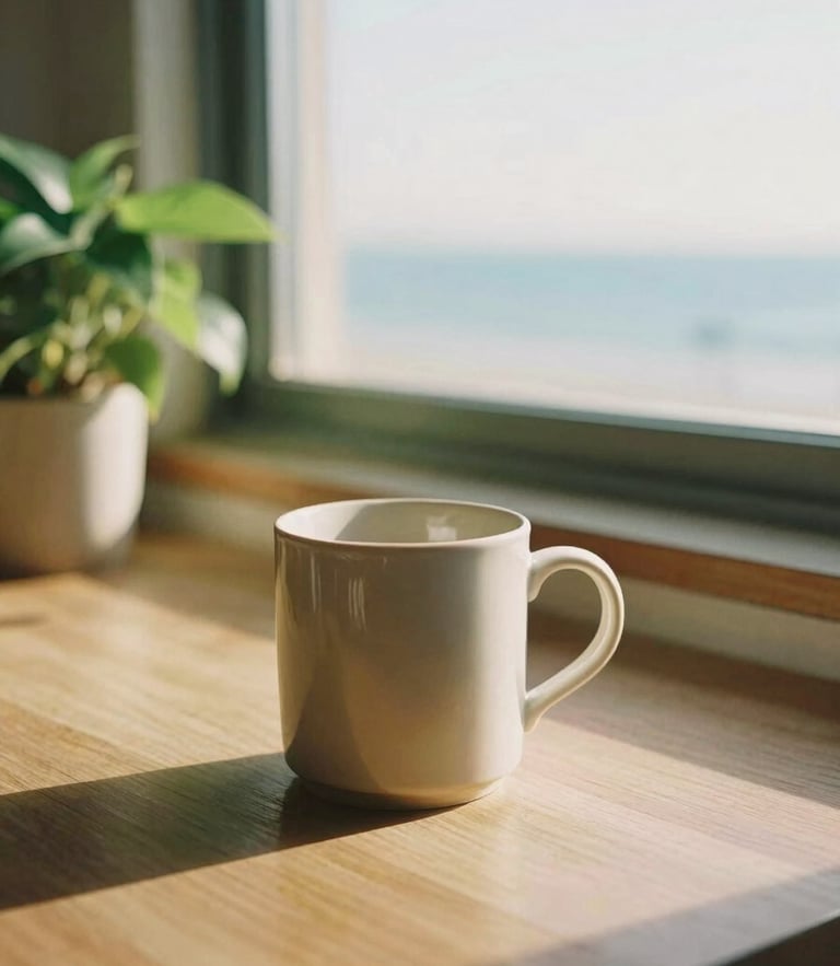 A high-focus workspace with warm natural window light, a ceramic mug, and a soft green plant, 35mm film texture.