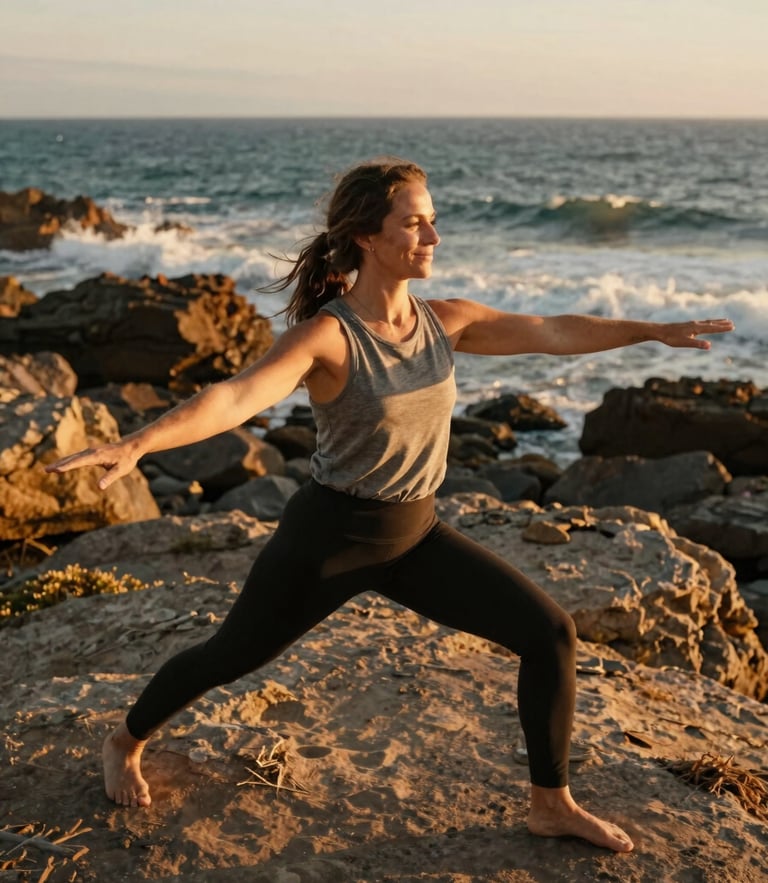 Warm golden-hour side-lighting on a creative professional smiling during an outdoor somatic movement session on a rugged coastline, 35mm film texture