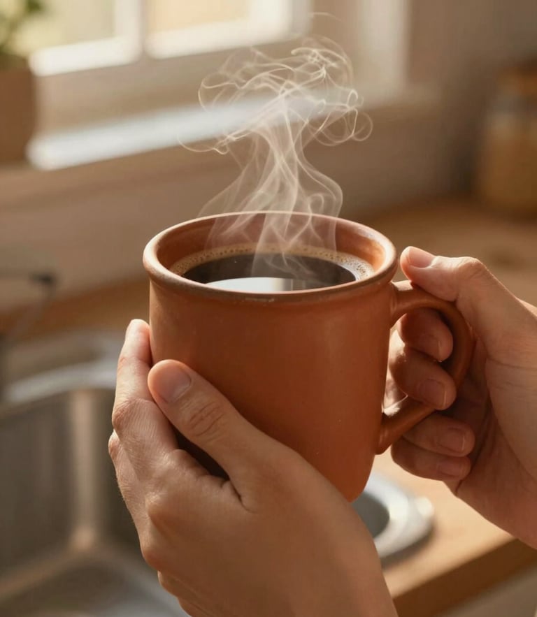 Close-up tactile shot of hands holding a heavy warm terracotta mug filled with steaming coffee, golden-hour window light, cozy kitchen background