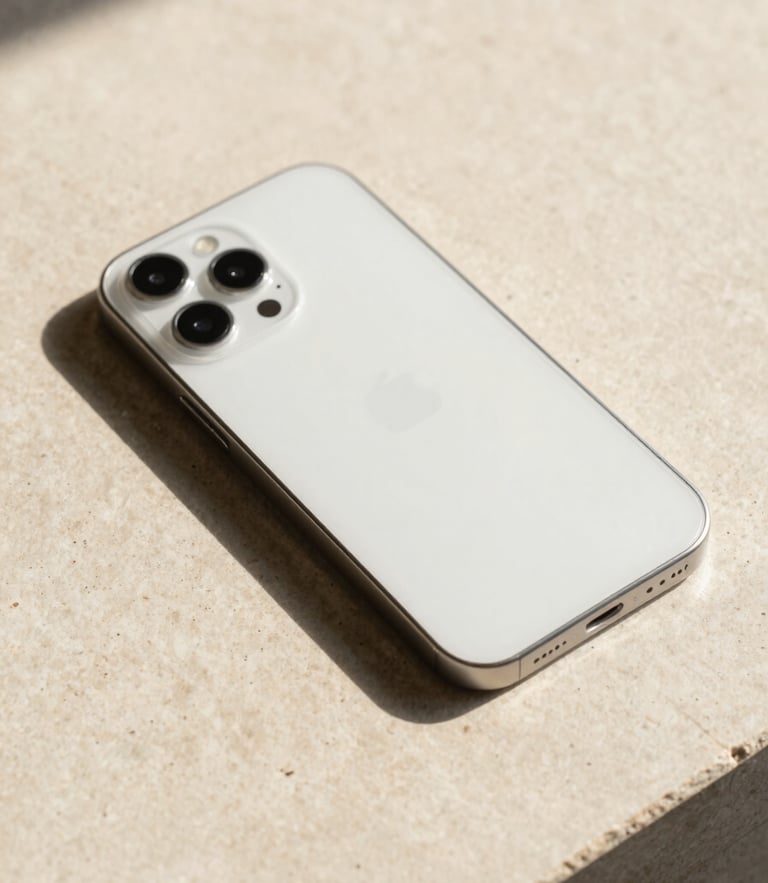 A minimalist phone resting on a flat stone surface, hard direct sunlight with sharp shadows, macro lens, 35mm.