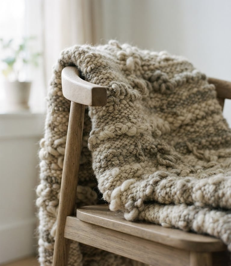 Macro shot of heavy undyed wool blanket with rich loom-woven texture draped over a minimalist oak chair, soft morning window light, shallow depth of field