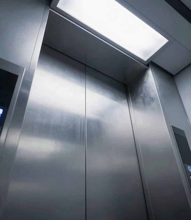 Low-angle looking up a modern illuminated elevator shaft, sharp metallic reflections, cool crisp architectural lighting, 35mm lens