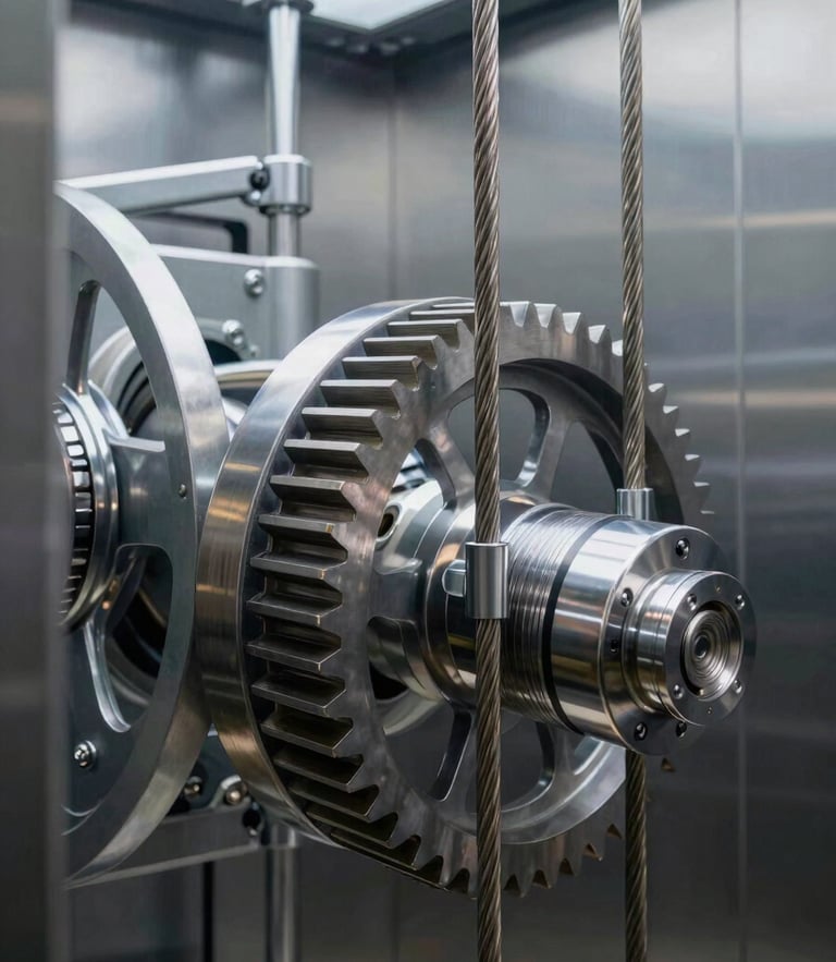 Close-up of clean mechanical gears and steel cables of a modern elevator system, sharp metallic reflections, high contrast, industrial lighting