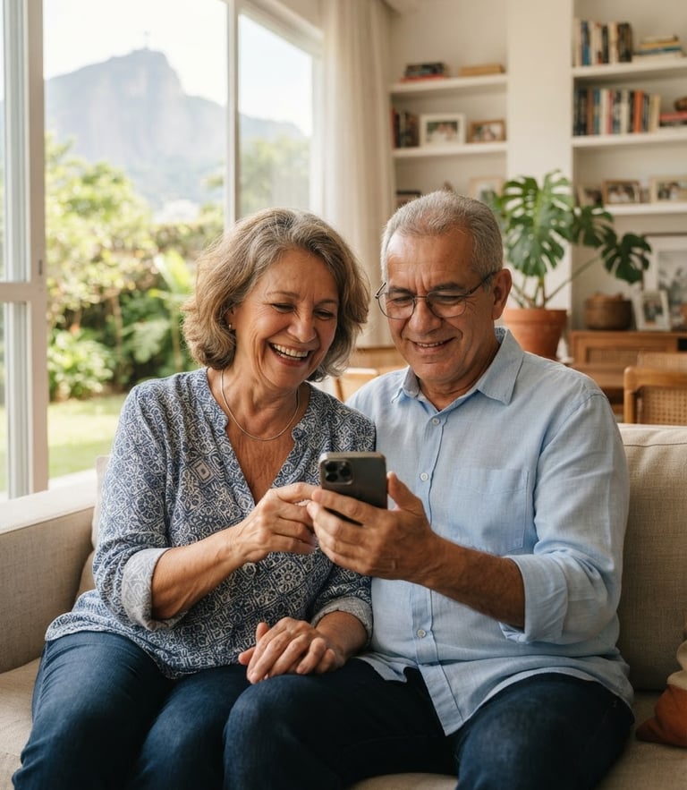 Warm editorial photo of a smiling retired Brazilian couple in their 60s sitting in a bright, sunlit living room, holding a smartphone together, natural daylight, soft focus