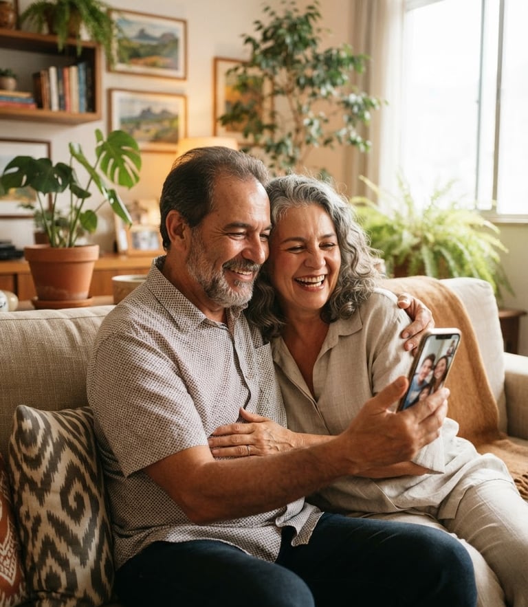 A warm portrait of a smiling retired Brazilian couple in their 60s sitting in a sunlit living room, looking at a smartphone screen with genuine relief, soft natural daylight, shallow depth of field.