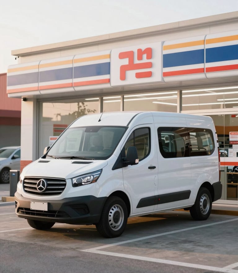 A clean regional delivery van parked outside a bright, modern independent convenience store at sunrise, soft warm daylight, 35mm lens