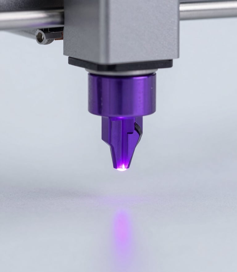 Macro shot of a high-precision 3D printer nozzle extruding glowing purple filament with absolute accuracy, clean studio lighting, light gray background