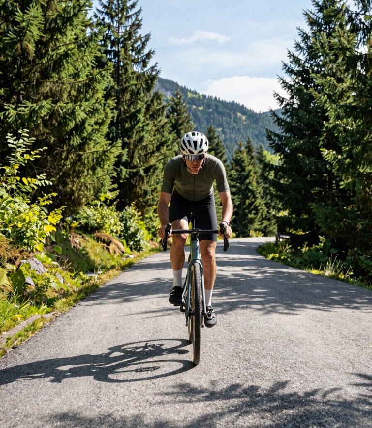 Low-angle action shot of a cyclist riding a modern gravel bike along a paved mountain pass, bright morning sun reflecting off the asphalt, lush green pine forests in the background.