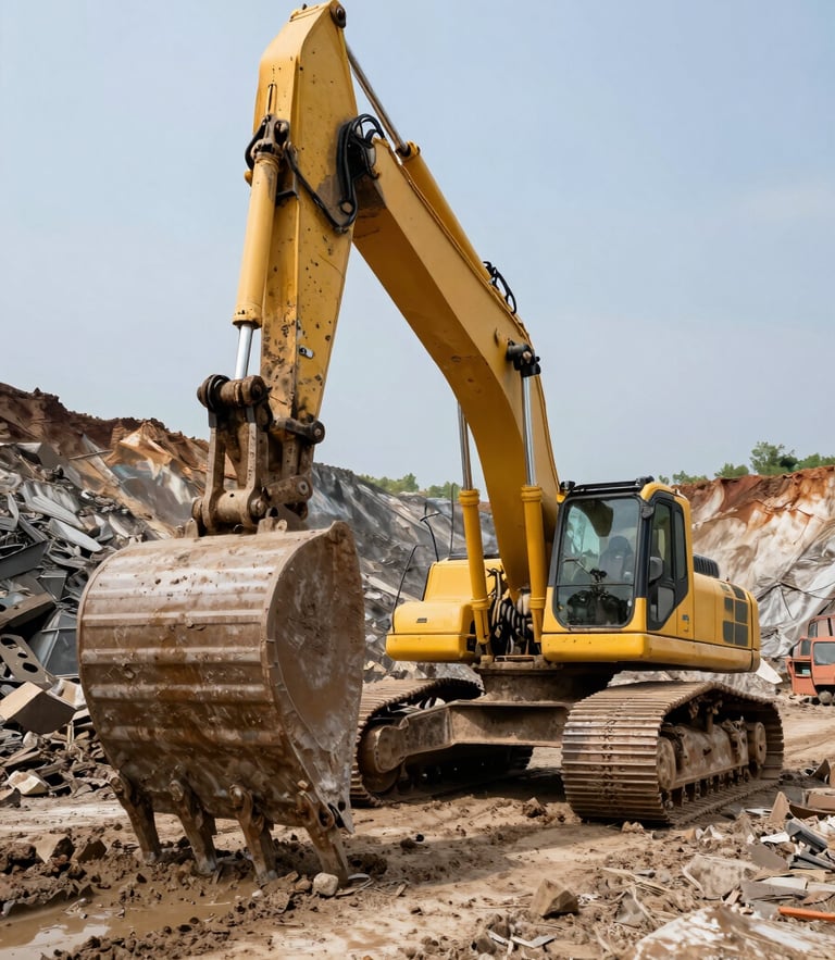 Low-angle heroic shot of a massive yellow excavator bucket operating in a muddy Kendari mining site, harsh natural daylight, high-contrast industrial grit