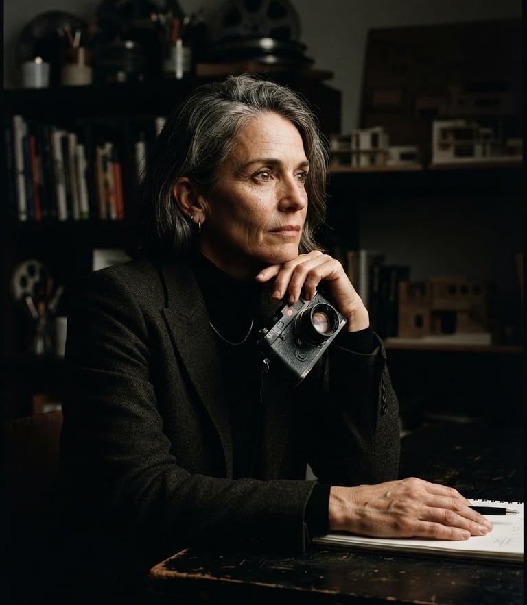 Moody editorial portrait of a creative director in low-key side lighting, deep shadows, rich textures, 35mm film style