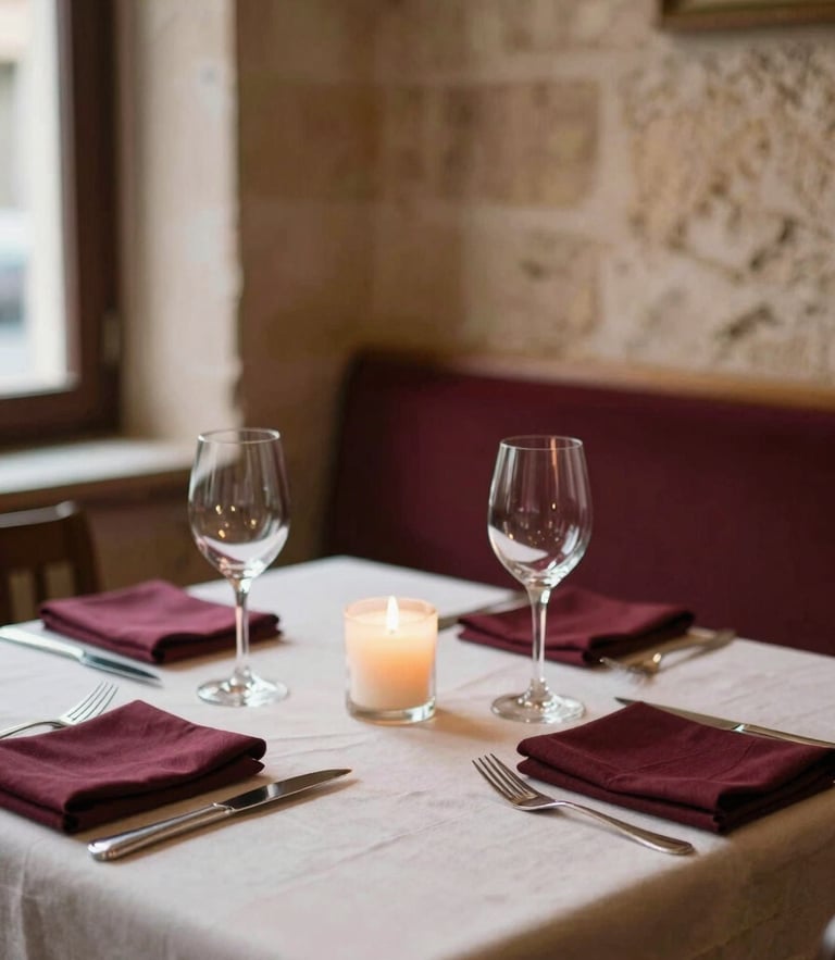 Intimate warm candlelit table setting inside Hostaria del Viale, soft focus on wine glasses and linen, deep burgundy accents, historical stone wall in background, 35mm photograph