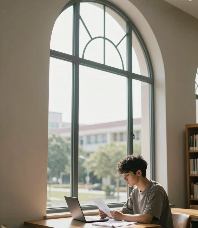 A student studying by a tall arched window in a modern university library, bright natural light illuminating papers and a laptop, clean architectural lines.