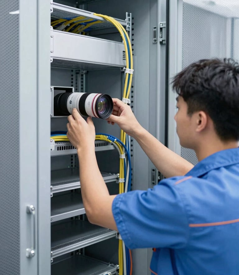 Crisp commercial photography of a certified technician in uniform installing structured cabling inside a clean server rack, bright natural daylight, 35mm lens.