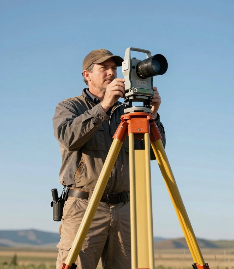 A professional Idaho surveyor adjusting a high-precision GPS receiver on a tripod in an open field, low angle, crisp morning daylight, clear Idaho sky in the background