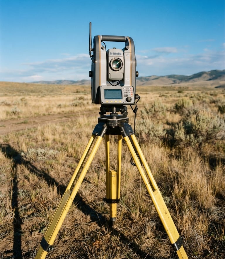 Low-angle shot of a high-tech robotic total station on a sturdy yellow tripod standing in a dry Idaho field, crisp morning light casting long shadows, sharp focus on the optical lens, 35mm photography.