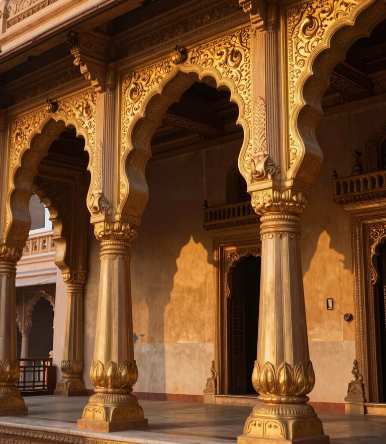 Dramatic close-up of the golden columns and intricate durbar hall arches inside Mysore Palace, captured at dusk under warm, majestic interior lighting, no people.