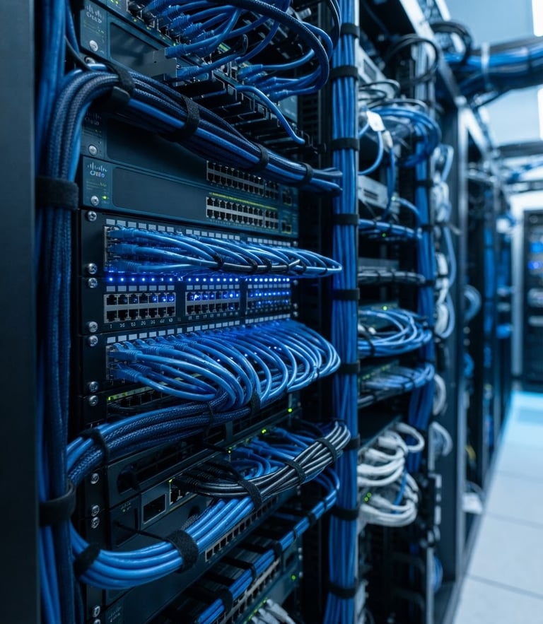 Macro shot of clean server rack cabling, cool-toned blue LED indicators, sharp focus on structured network ports, professional corporate environment.