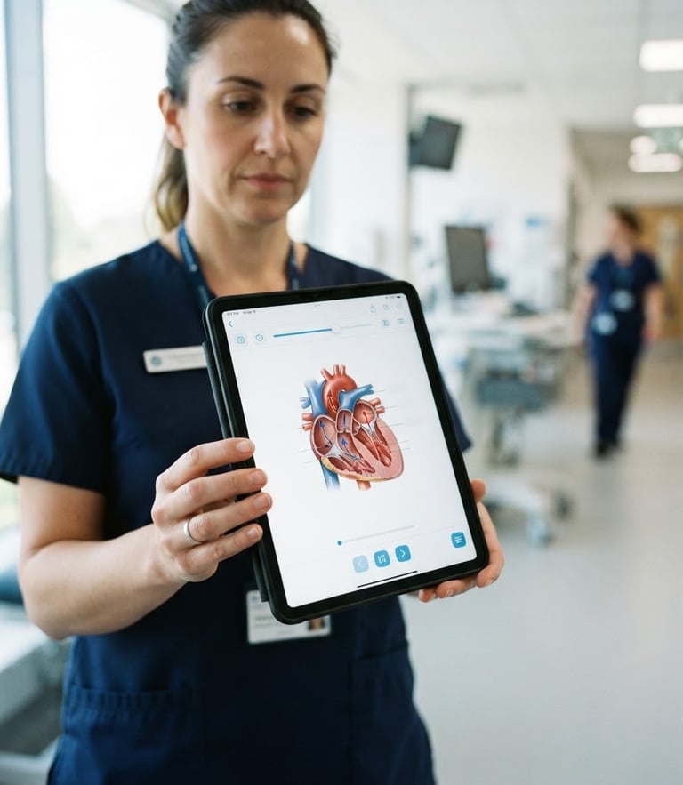 A close-up of a tablet displaying a clean medical training interface in bright natural daylight, held by a healthcare worker in a clinic.