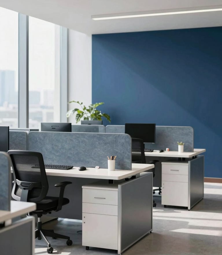 Crisp corporate photography of a modern, clean IT support center in New Delhi, bright natural daylight, slate and navy tones