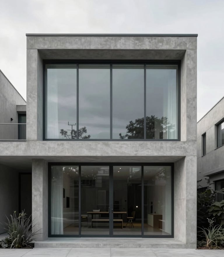 Straight-on architectural elevation of a concrete and glass modernist house, soft overcast daylight, desaturated cool tones, sharp focus, 35mm lens.
