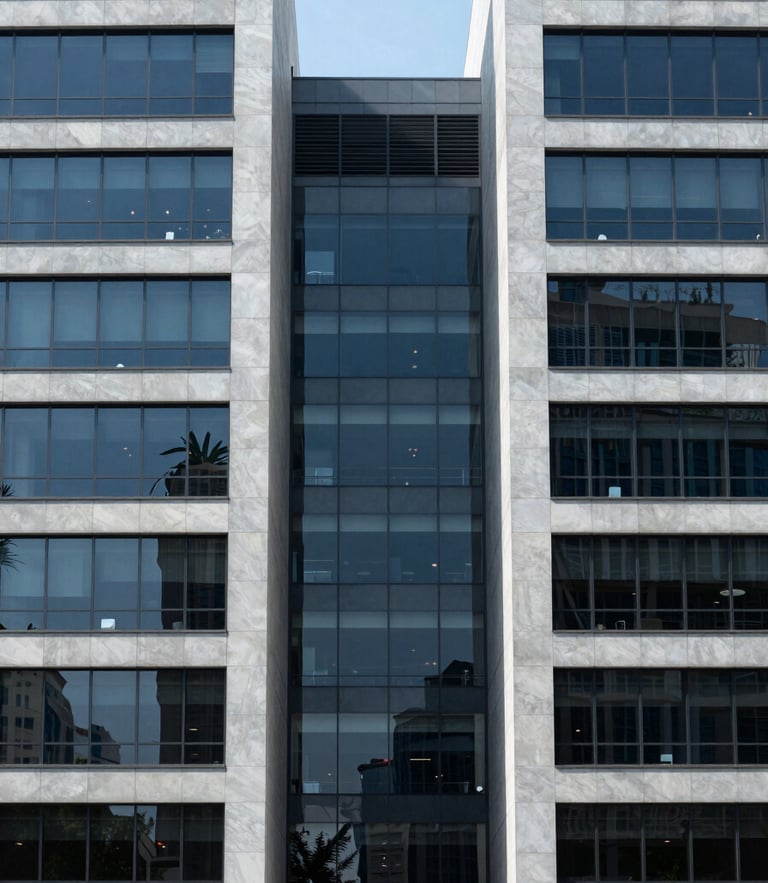Symmetrical portrait of modern corporate architecture in Mexico City, clean lines, slate gray and deep blue glass facade, cool natural daylight, 35mm