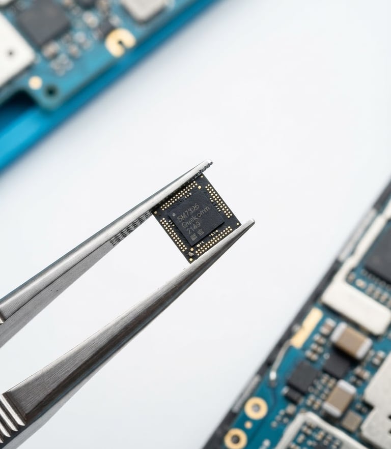 Overhead macro shot of precise phone repair tools, clean metallic tweezers holding a microchip, crisp studio light, bright high-key background