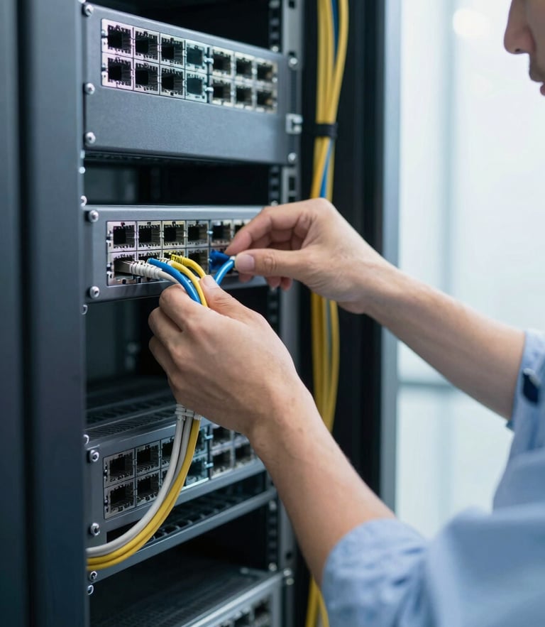 Close-up of a certified IT technician in a clean corporate server room, organizing network cables, bright natural office lighting, cool slate tones