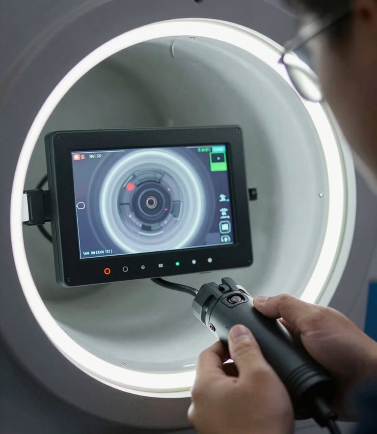 Close-up of a high-tech video inspection screen showing the interior of a clean PVC pipe, bright LED lighting, professional technician hands holding the cable