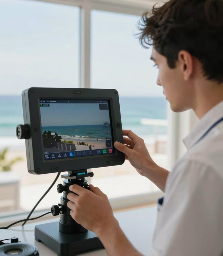 Close-up of a professional technician in a clean uniform operating a high-tech video inspection screen inside a coastal residence, bright daylight.