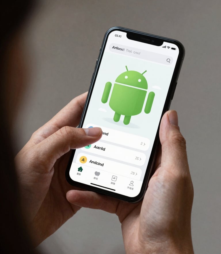 Close-up over-the-shoulder shot of hands interacting with a beautifully designed Android application on a flagship phone, crisp studio lighting, focus on clean UI details.