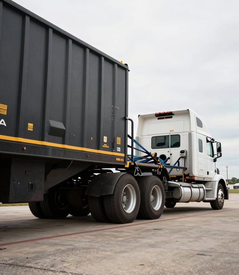 Low-angle wide shot of a heavy freight rig parked at an overcast Midwestern loading dock, tensioned flatbed straps visible, industrial grit.