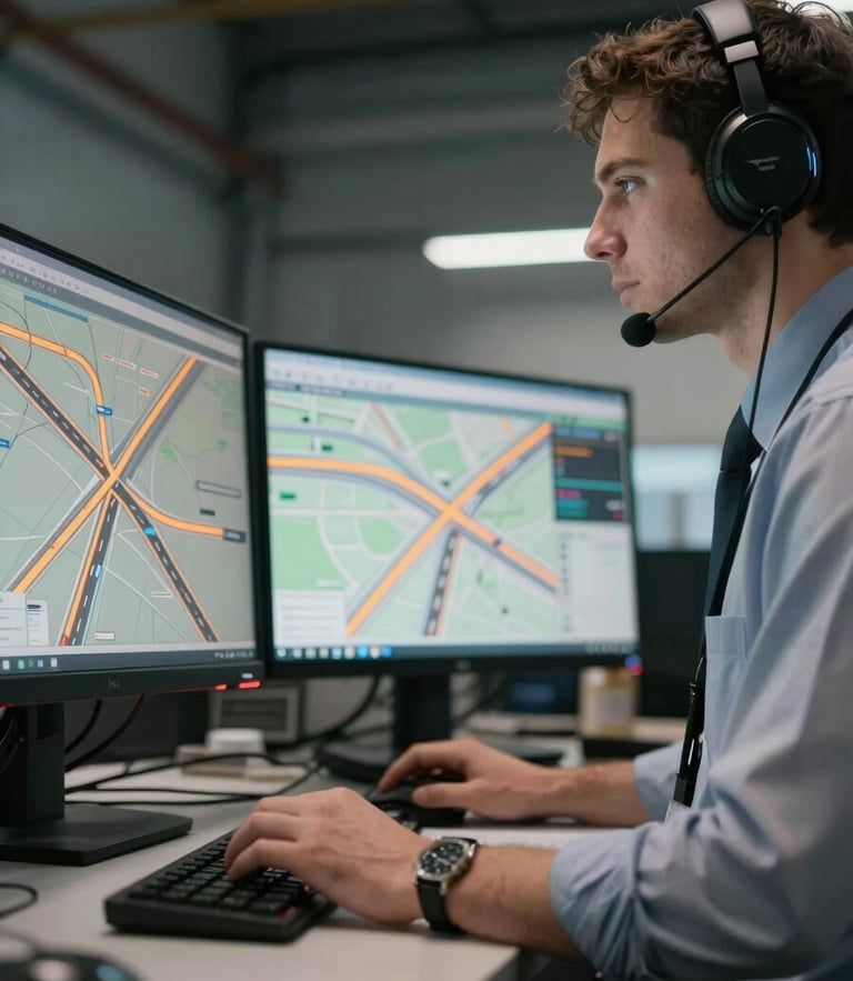 Low-angle shot of a dispatcher in a dimly lit industrial office, focused on a multi-monitor routing map with amber highway routes visible.