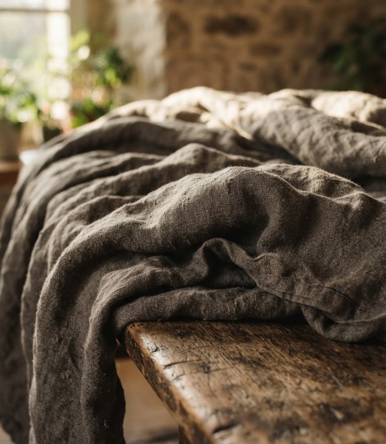 A close-up of a rumpled heavy-weight linen quilt draped over a worn wooden bench, soft morning light casting deep shadows on the textured weave.