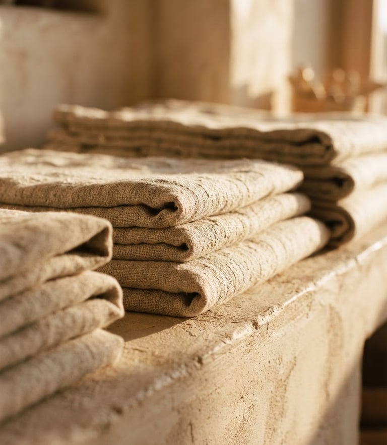 Low-angle warm afternoon sun casting soft shadows over folded stacks of heavy-weight oatmeal linen on a low-profile plaster ledge, macro texture.