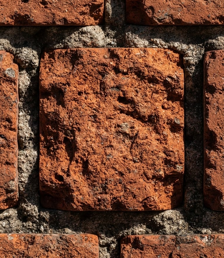 Extreme close-up of high-strength terracotta brick texture, straight-on orthographic shot, harsh direct sunlight casting deep shadows, industrial architectural photography