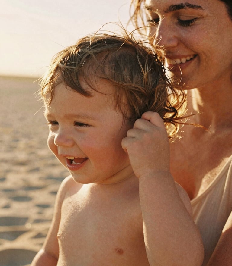 Intimate close-up of a mother laughing as her toddler pulls her hair, warm golden hour sun backlighting them, soft sand tones, 35mm film texture