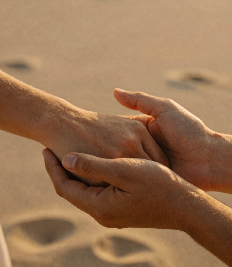 Intimate close-up of hands holding, warm golden-hour backlighting, soft sand and terracotta tones, 35mm film texture.