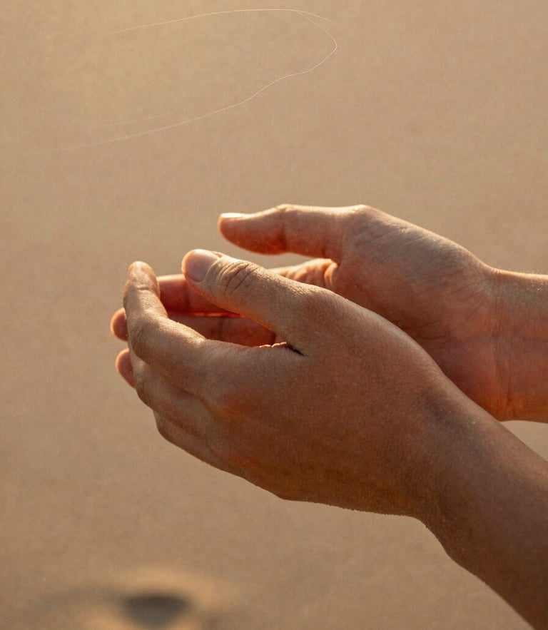 Intimate close-up of hands holding, warm golden hour sun-drenched backlight, 35mm film texture