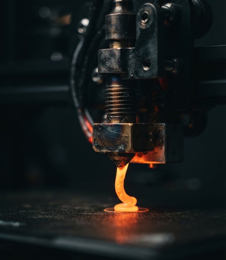 dramatic studio product photography of a high-precision 3D printer nozzle extruding neon orange filament, dark moody lighting, amber accents, ultra-detailed macro texture, 35mm